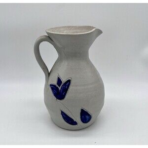Williamsburg Pottery Pitcher w/ Salt Glazed Blue Leaf Design - 6.5" | Vintage